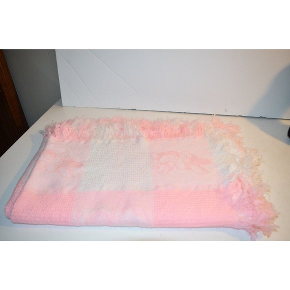 VTG Baby Blanket Pastel Pink Acrylic Fringed Knit Bunny Rabbit Waffle - Picture 1 of 5